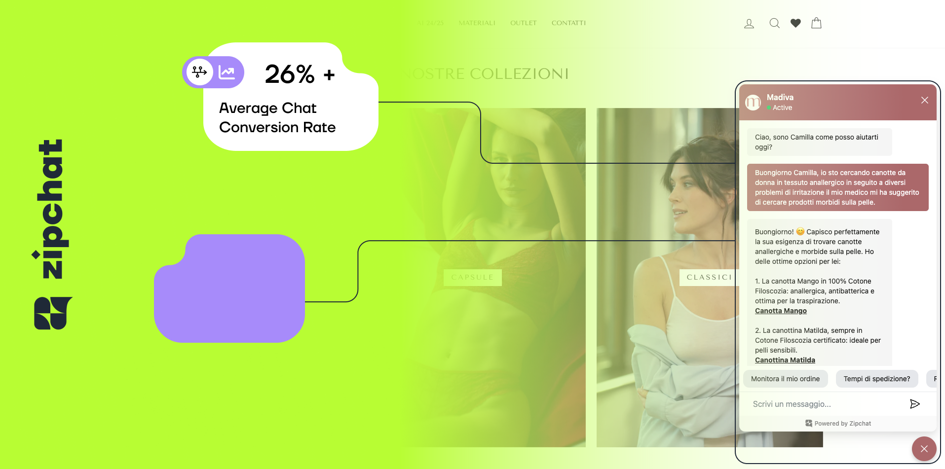 Chatbot AI per E-commerce, il caso di successo Madiva e ZipChat website image